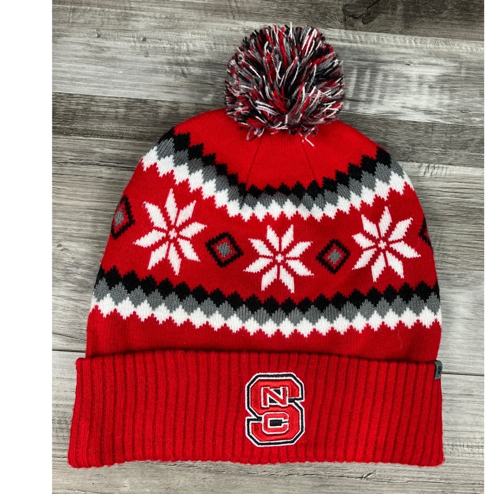 NC State Wolfpack Top of the World Red Fair Isle Snowflake Pom Beanie Hat NCAA